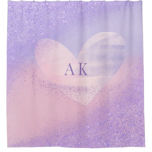 Monogramm Lila rosa Gradient Herz Duschvorhang (Vorderseite)