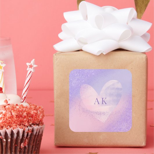 Monogramm Lila rosa Gradient Herz Quadratischer Aufkleber (Party)