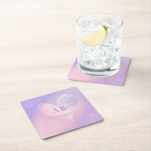Monogramm Lila rosa Gradient Herz Rechteckiger Pappuntersetzer (Vor Ort)