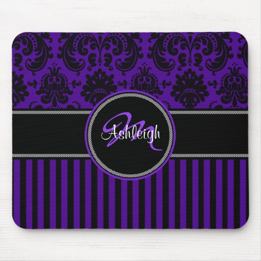 Monogramm Lila Schwarz-weißer Streifen Damask Mous Mousepad (Vorne)