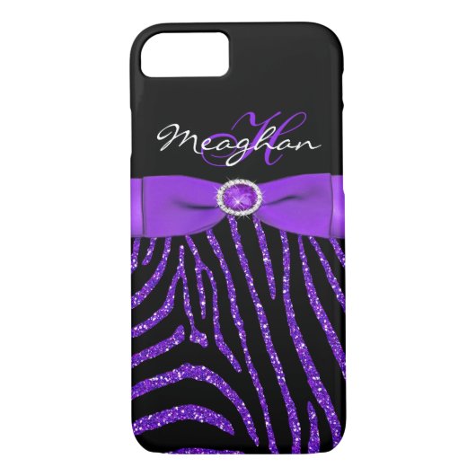 Monogramm lila, schwarzer GlitzerZebra iPhone 7 Case-Mate iPhone Hülle (Rückseite)
