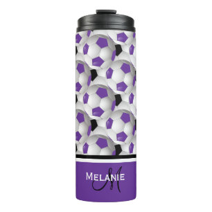 Monogramm-lila schwarzes Fußball-Ball-Muster Thermosbecher