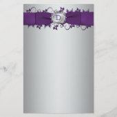 Monogramm Lila, Silberflorale Hochzeitsgeschirr Briefpapier (Vorderseite)