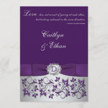 Monogramm Lila, Silver Floral Wedding Einladung