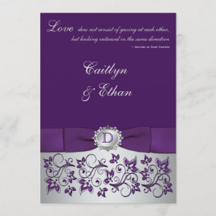 Monogramm Lila, Silver Floral Wedding Einladung