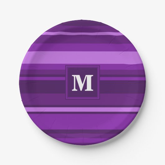Monogramm lila Streifen Pappteller (Vorderseite)