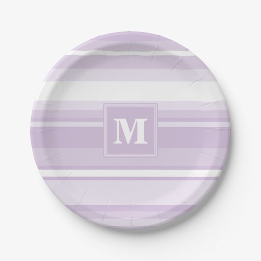 Monogramm lila Streifen Pappteller (Vorderseite)