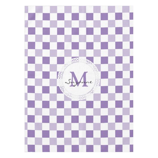 Monogramm-lila Ton-weißes Checkered Muster Tischdecke (Vorderseite)
