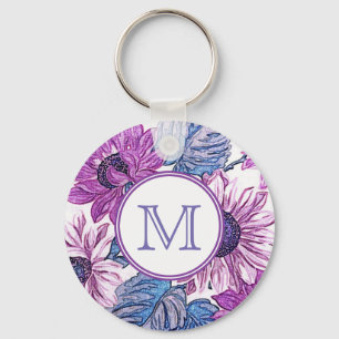 Monogramm lila und blaue Vintage-Blumenkunst Schlüsselanhänger