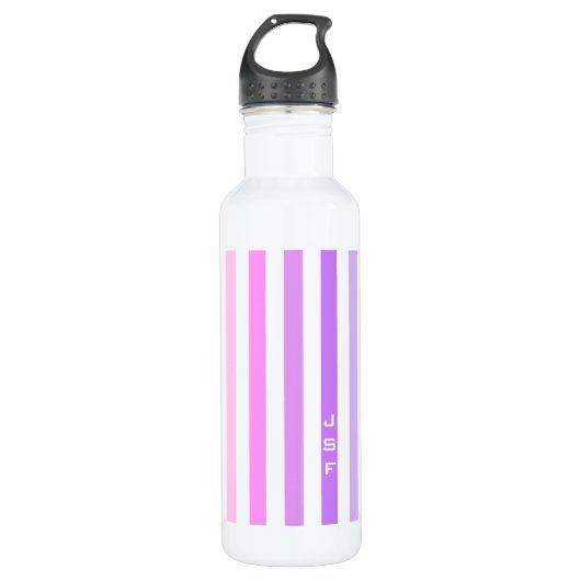 Monogramm lila und rosa vertikale Streifen Trinkflasche (Vorderseite)