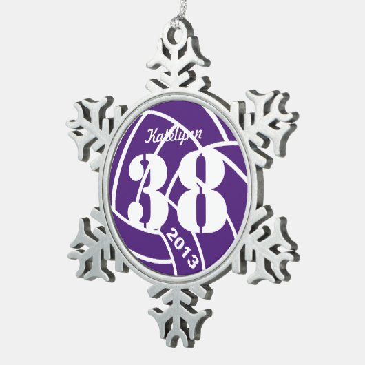 Monogramm-lila Volleyball-Verzierung Schneeflocken Zinn-Ornament (Rechts)