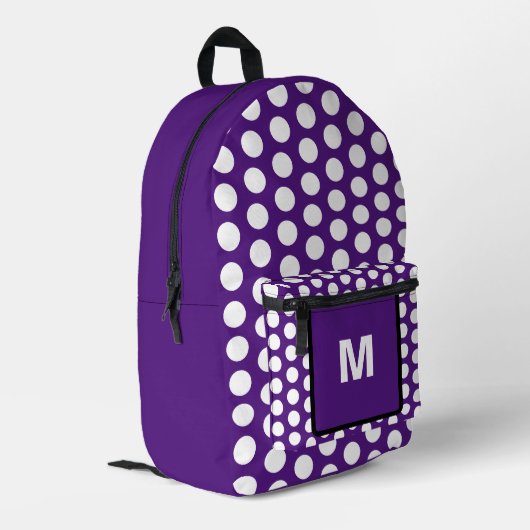Monogramm Lila weiße Polka-Punkte Bedruckter Rucksack (Rückseitige Ecke links)