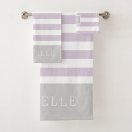 Monogramm Lilac und graue Streifen | Editierbare F Badhandtuch Set