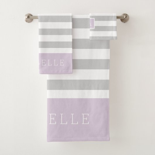 Monogramm Lilac und graue Streifen | Editierbare F Badhandtuch Set (Insitu)