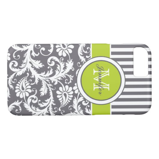 Monogramm Limoner, grauweißer Streifen Damask Case-Mate iPhone Hülle (Rückseite (Horizontal))