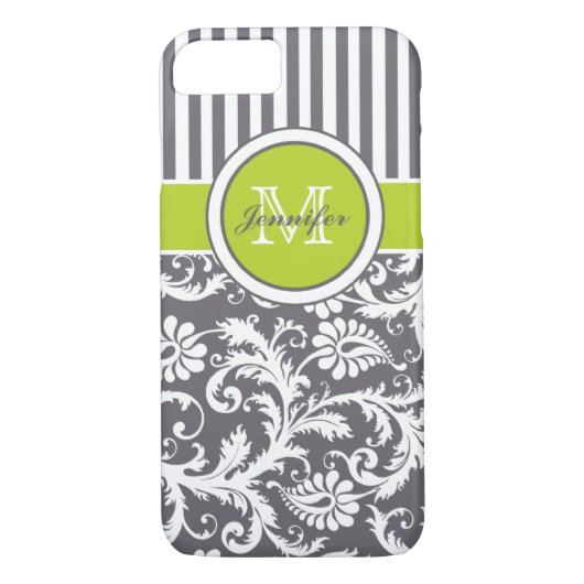 Monogramm Limoner, grauweißer Streifen Damask Case-Mate iPhone Hülle (Rückseite)