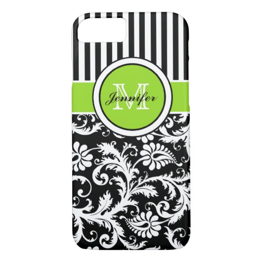 Monogramm Limoner Schwarz-weiß gestreifter Damask  Case-Mate iPhone Hülle (Rückseite)