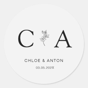 Monogramm, Line-Art-Blume, Hochzeit, leicht grau Runder Aufkleber