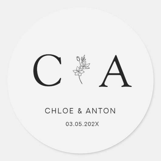 Monogramm, Line-Art-Blume, Hochzeit, leicht grau Runder Aufkleber (Vorderseite)