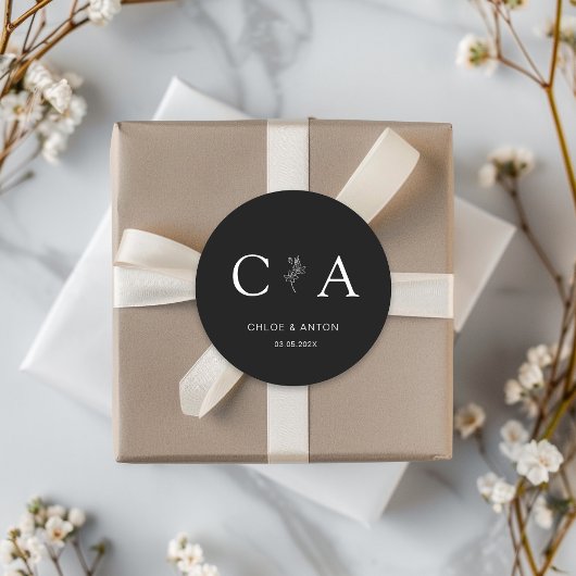 Monogramm, Line-Art-Blume, Hochzeit, Schwarz Runder Aufkleber