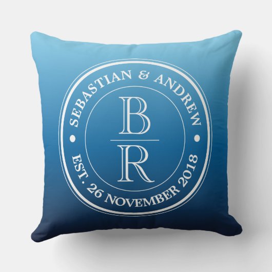 Monogramm-Logo blauer Ombre Kissen (Rückseite)