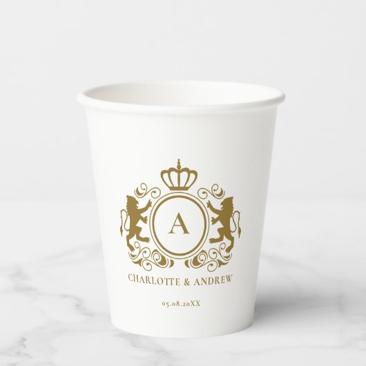 Monogramm, Logo, Emblem & Löwen Hochzeit Papier Ta Pappbecher (Vorderseite)