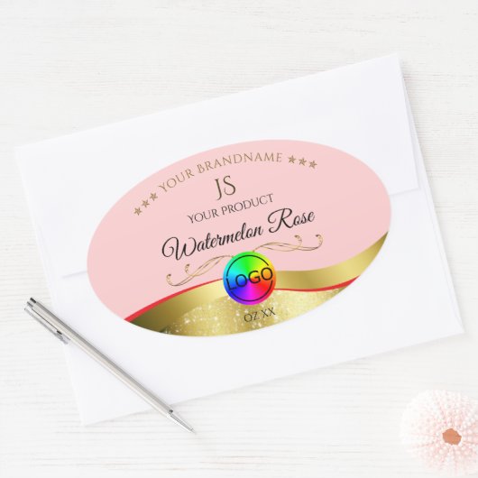 Monogramm-Logo für hellrote Wavy-Gold Ovaler Aufkleber (Umschlag)