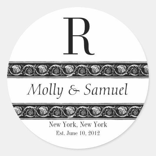 Monogramm Logo-Verzierte Namen Datum Hochzeitssymb Runder Aufkleber (Vorderseite)