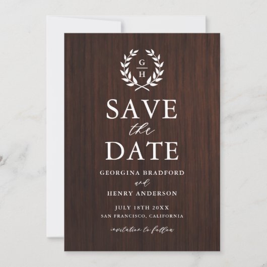 Monogramm Lorbeerkranz Rustikales Holz Save-the-Da Save The Date (Vorderseite)