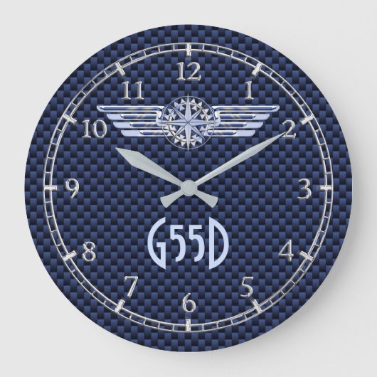 Monogramm-Luft-Pilotsilber Wings Kompass-Blau auf Große Wanduhr (Vorderseite)