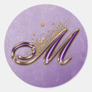 Monogramm M-Aufkleber für lila Glitzer und Gold Runder Aufkleber