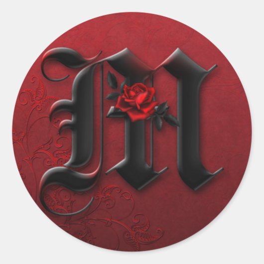 Monogramm M-Aufkleber für Schwarz und Rote Rose Runder Aufkleber (Vorderseite)