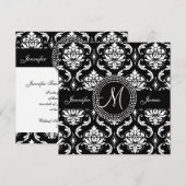 Monogramm M Damast Hochzeitskarten in Schwarz Einladung (Vorne/Hinten)