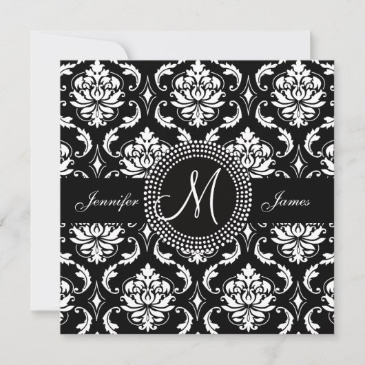 Monogramm M Damast Hochzeitskarten in Schwarz Einladung (Vorderseite)