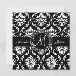 Monogramm M Damast Hochzeitskarten in Schwarz Einladung