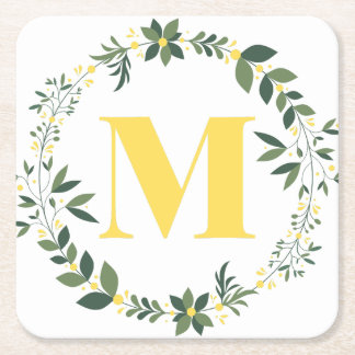 Monogramm M in Gold/Limonen mit floralem Ring Rechteckiger Pappuntersetzer