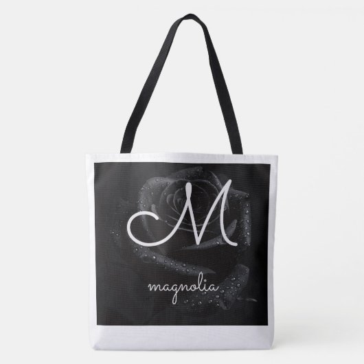 Monogramm M Schwarze Rose Magnolie Wassertropfen F Tasche (Vorderseite)
