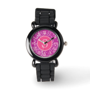 Monogramm-Mädchenuhr des rosa, lila Damastes Armbanduhr