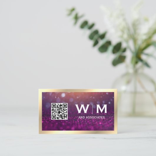 Monogramm | Magenta Bokeh | QR CODE Visitenkarte (Stehend Vorderseite)
