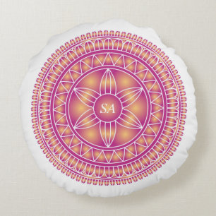 Monogramm Mandala Gold Lila Weiß Rundes Kissen
