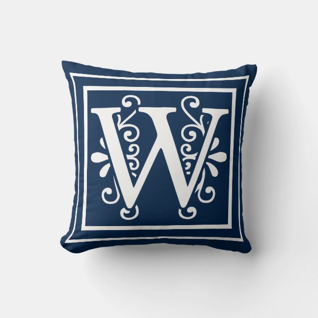 Monogramm-Marine-Blau-Weiß des Buchstabe-W Kissen (Vorderseite)