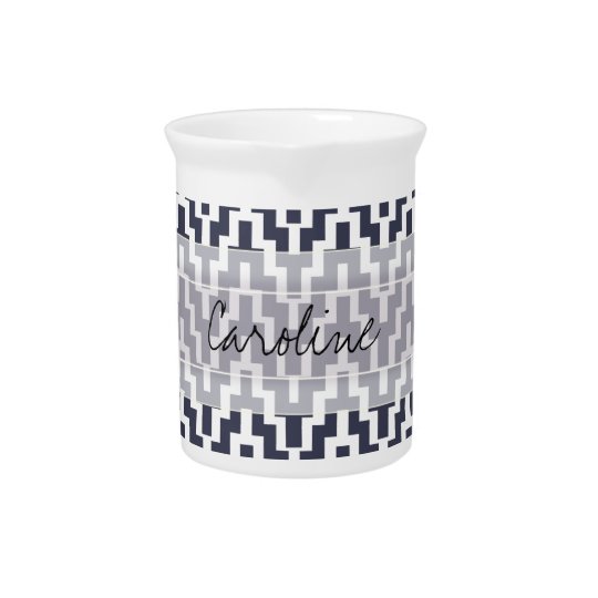 Monogramm-Marine-Blau weißes Ikat Zickzack Geo Krug