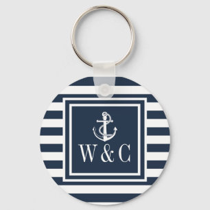 Monogramm Marineblau Gestreiftes Schiffsanker-Moti Schlüsselanhänger