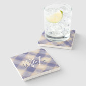 Monogramm Marineblau karierter Tartan Gingham Steinuntersetzer (Seitenansicht)