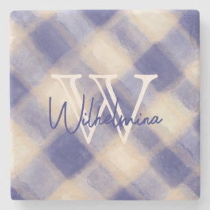 Monogramm Marineblau karierter Tartan Gingham Steinuntersetzer