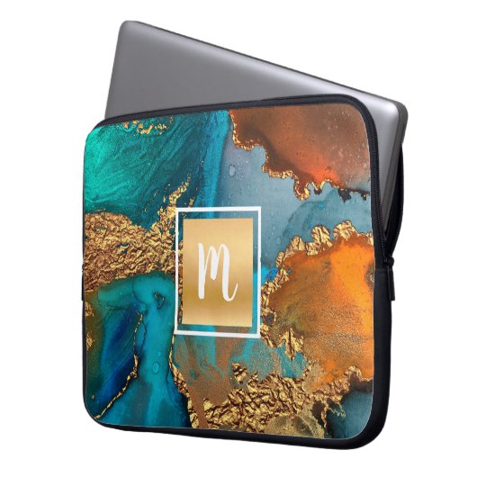 Monogramm Marmor Aquarellgold Türkis Orange Laptopschutzhülle (Vorderseite Links)