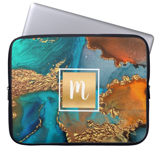 Monogramm Marmor Aquarellgold Türkis Orange Laptopschutzhülle (Vorderseite)