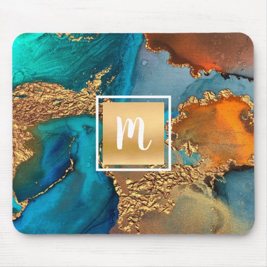 Monogramm Marmor Aquarellgold Türkis & Orange Mousepad (Vorne)