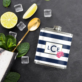 Monogramm-Masche für Navy Strip und Rosa Peony Flachmann