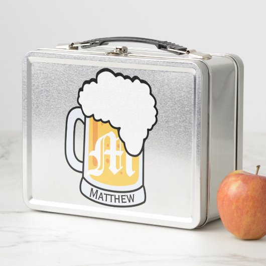 Monogramm-mattierte Bier-Tasse und Name Metall Brotdose (Beispiel)